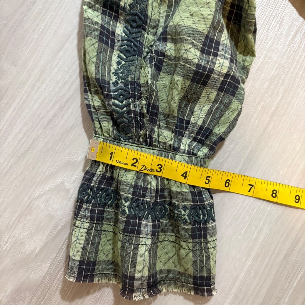 Free People Blouse Women Green Plaid Embroidered Henley Boho Raw Hem Size S - Picture 10 of 16
